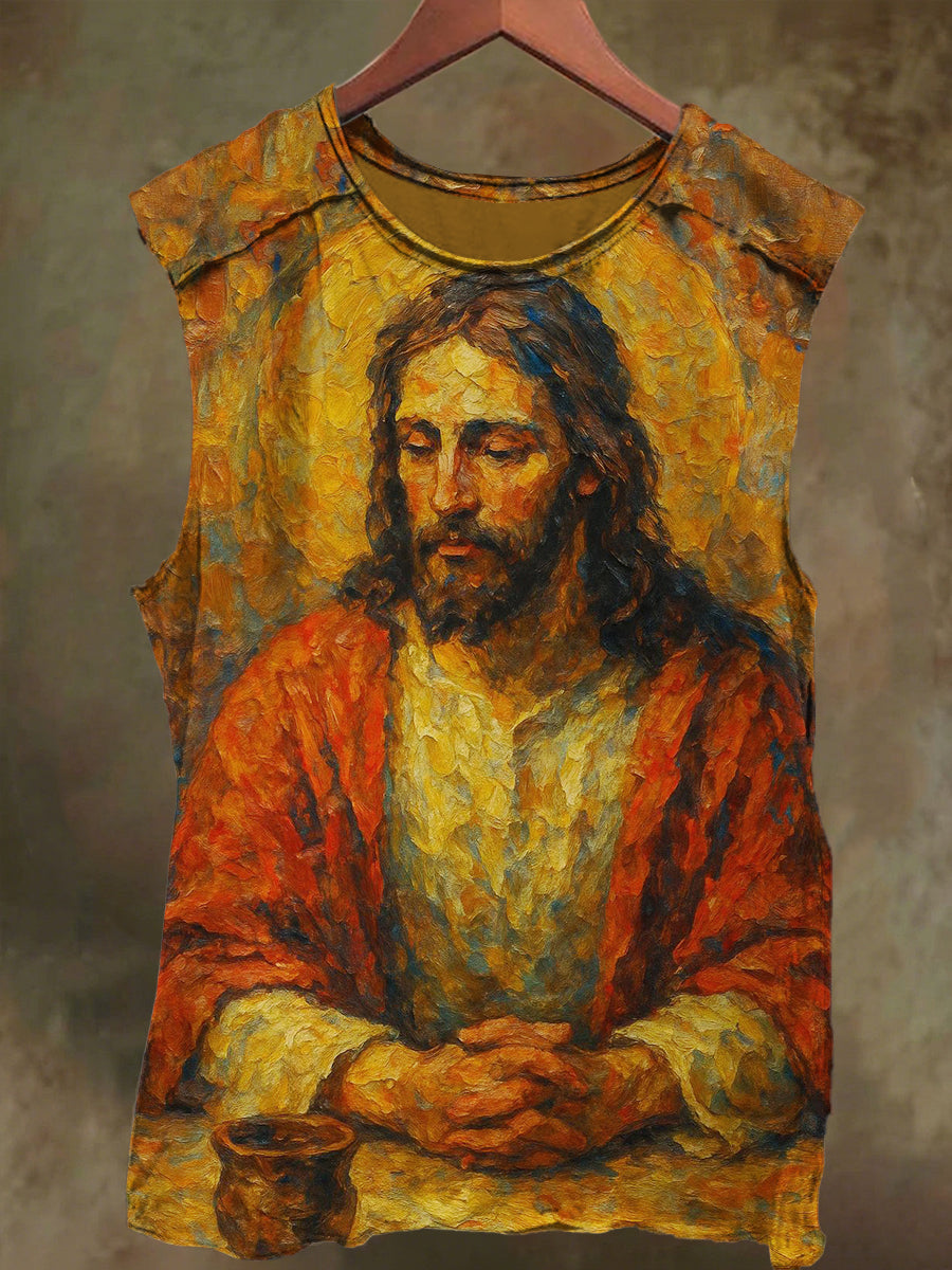 Unisex Oil Painting Jesus Print Casual Cotton Tank Top