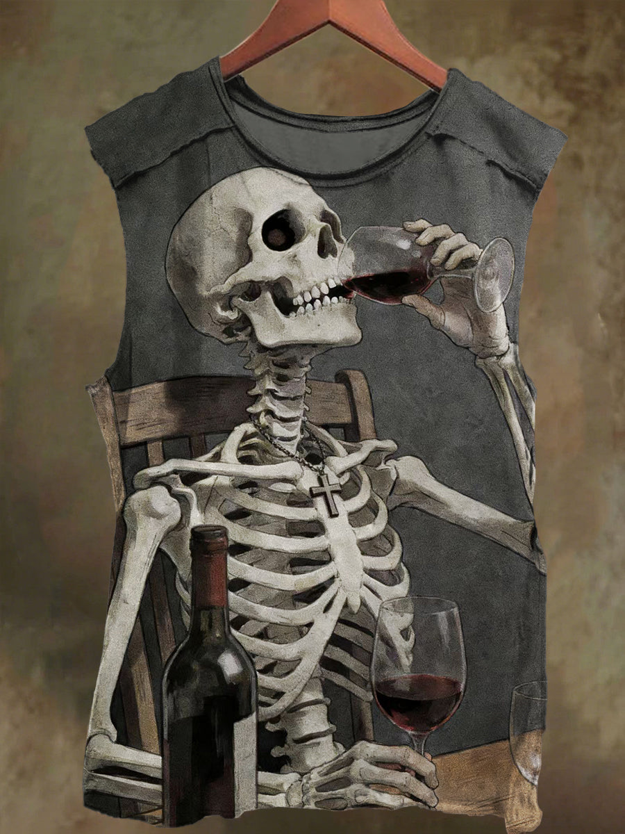 Unisex Skull's Wine Print Casual Cotton Tank Top