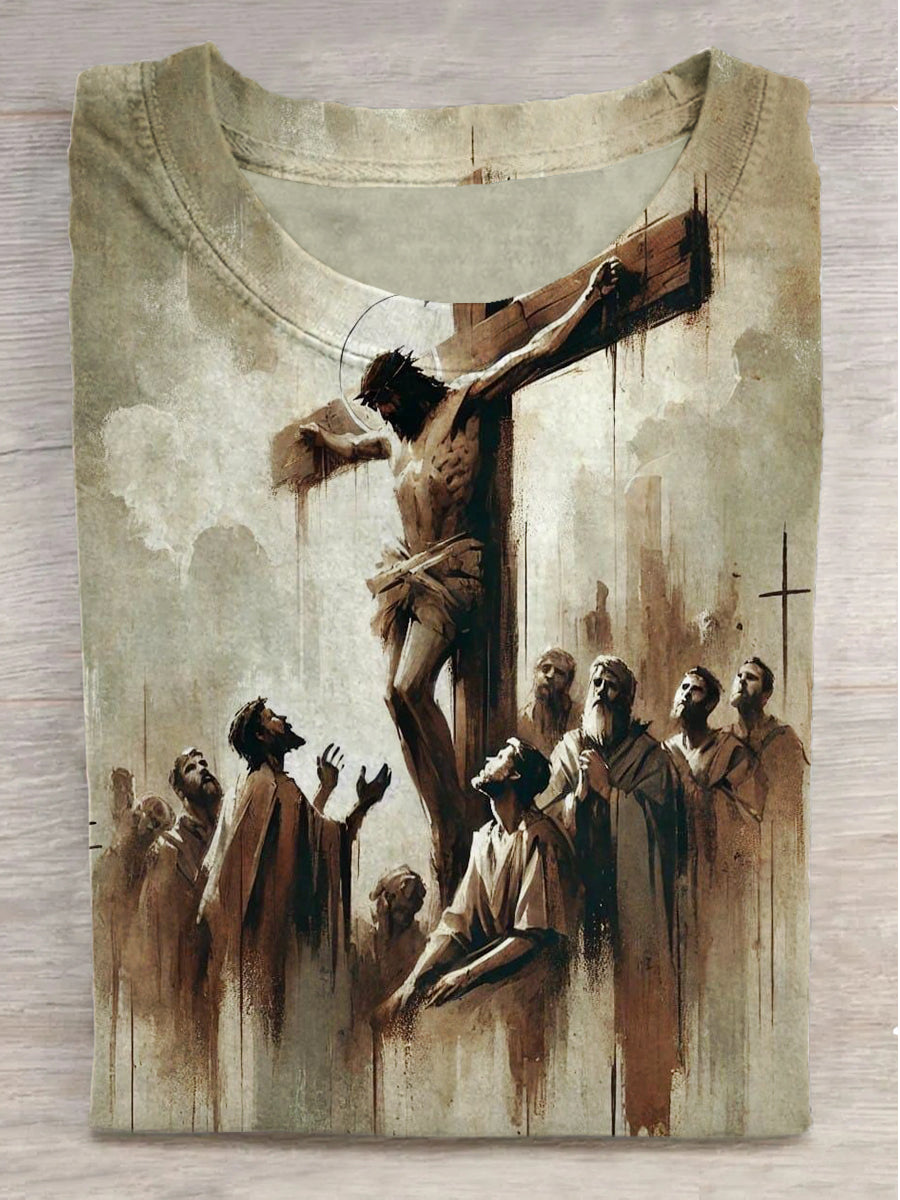 Watercolor Jesus Cross Print Round Neck Short Sleeve T-Shirt