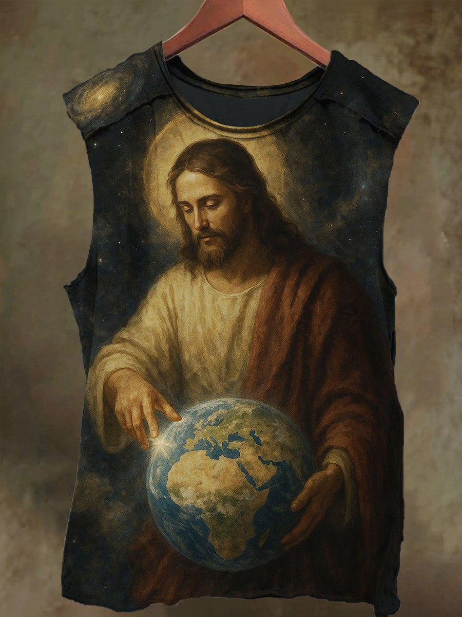 Unisex Jesus Earth Print Casual Cotton Tank Top