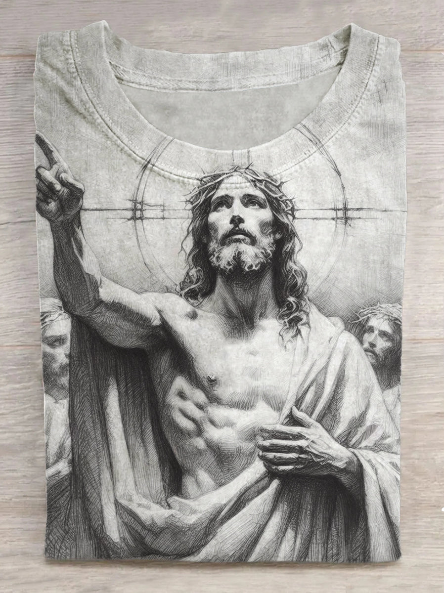 Jesus Cross Printed Round Neck Short Sleeve T-Shirt