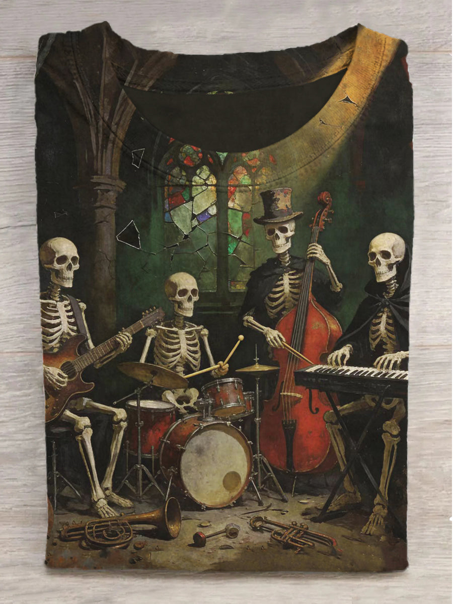 Gothic Skull Orchestra Print Round Neck Short Sleeve T-Shirt