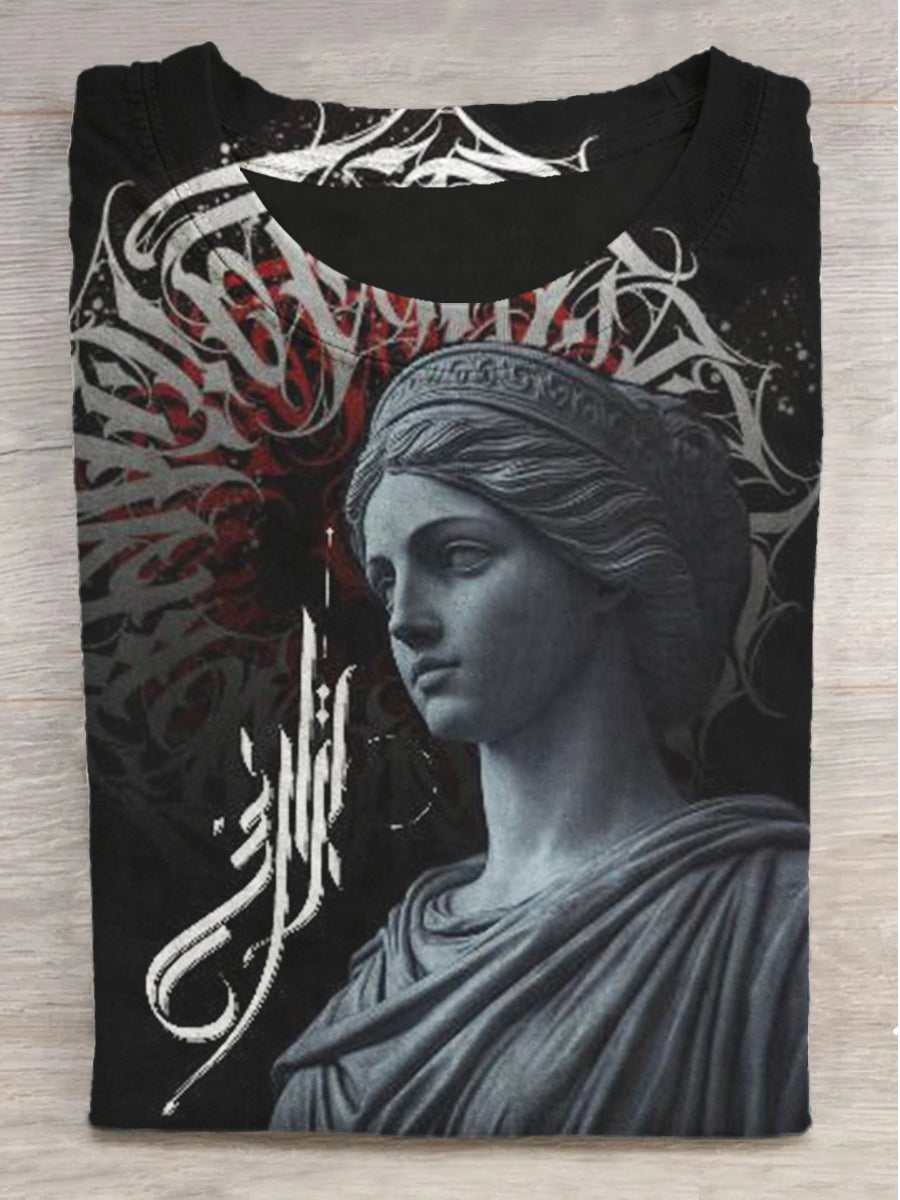 Goddess Stone Sculpture Rune Print Round Neck Short Sleeve T-Shirt