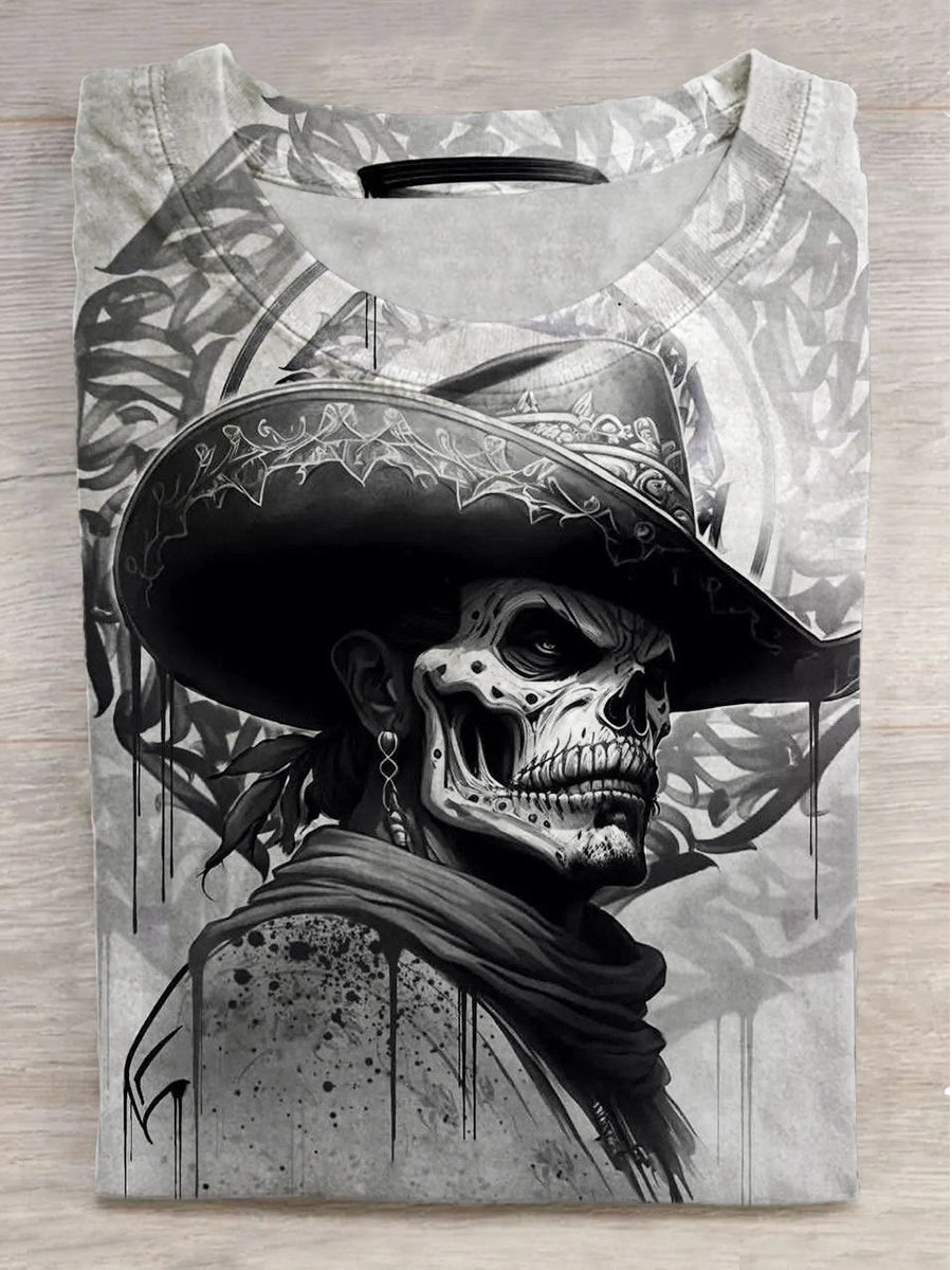 Hat Cowboy Skull Print Round Neck Short Sleeve T-Shirt