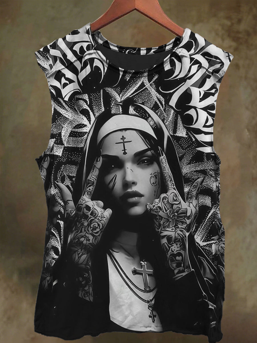 Unisex Dark Gothic Nun Rune Print Casual Cotton Tank Top