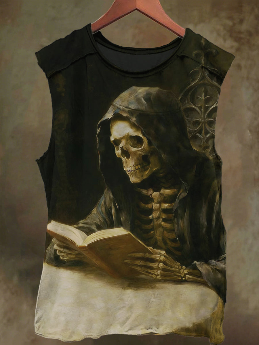 Unisex Reading Skull Print Casual Cotton Tank Top