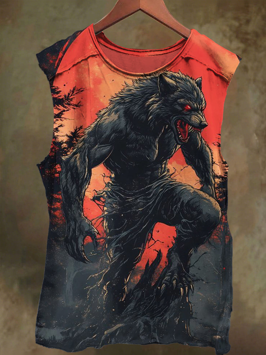 Unisex Under the Moon Wolf Warrior Print Casual Cotton Tank Top