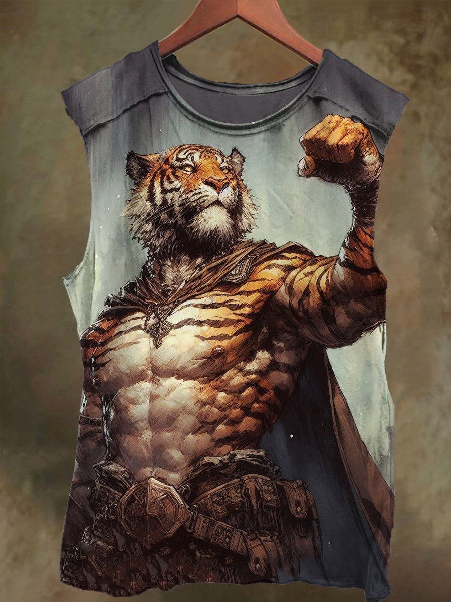 Unisex Tiger Warrior Print Casual Cotton Tank Top