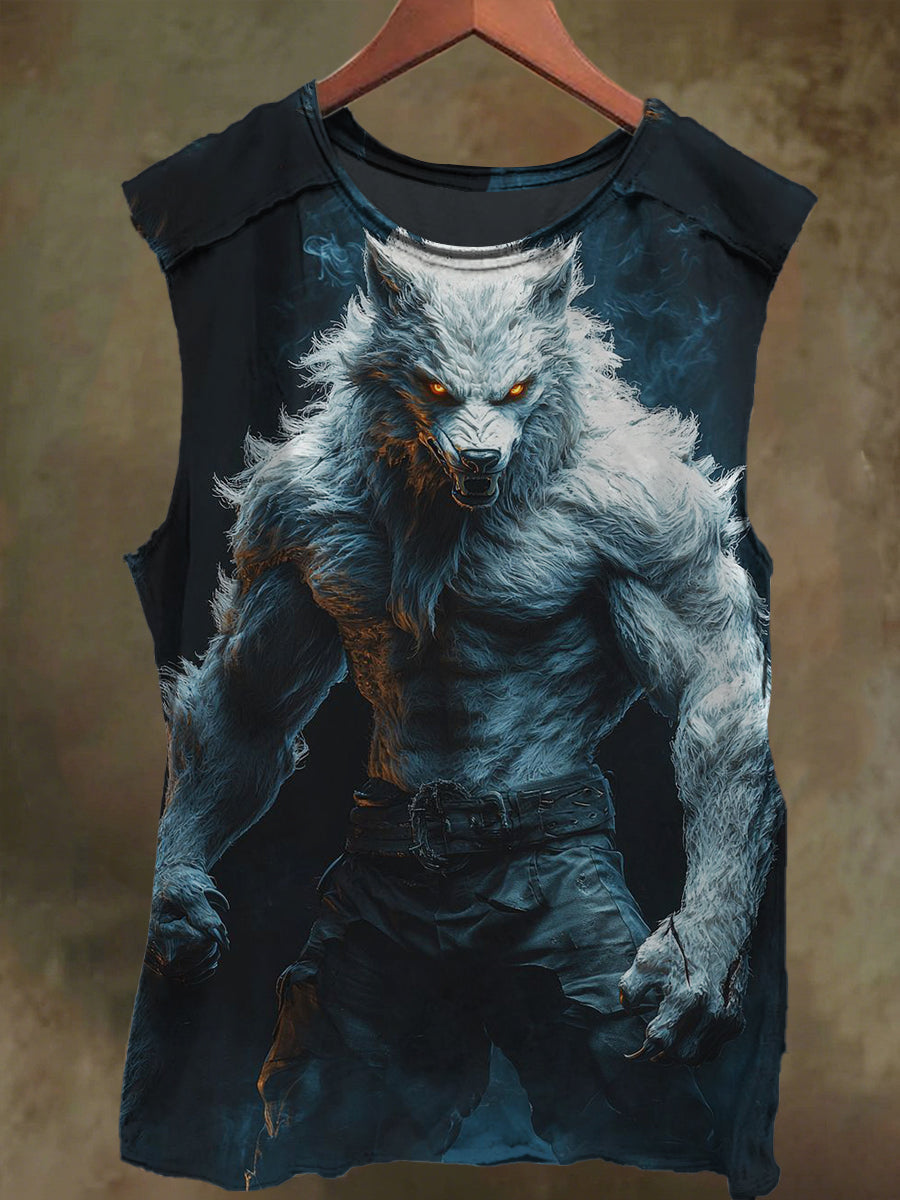 Unisex White Wolf God of War Printed Casual Cotton Tank Top