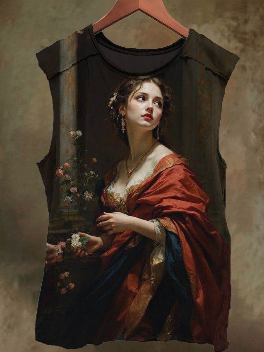 Unisex Oil Painting Girl Print Casual Cotton Tank Top