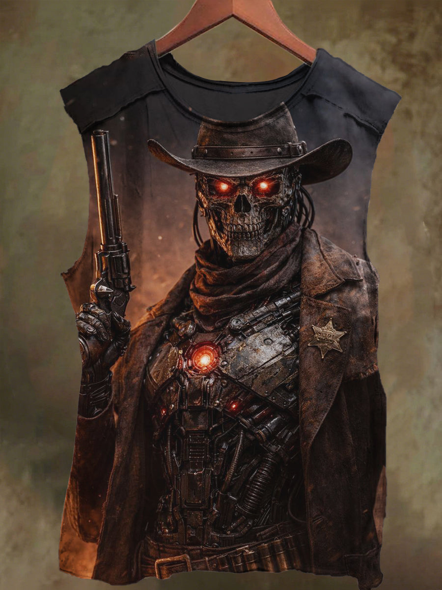 Unisex Cowboy Pistol Skull Print Casual Cotton Tank Top