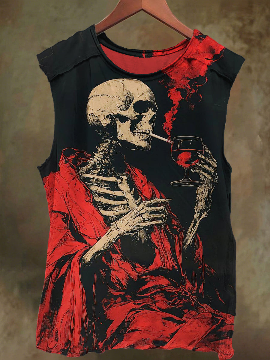 Unisex Red Wine Skull Print Casual Cotton Tank Top