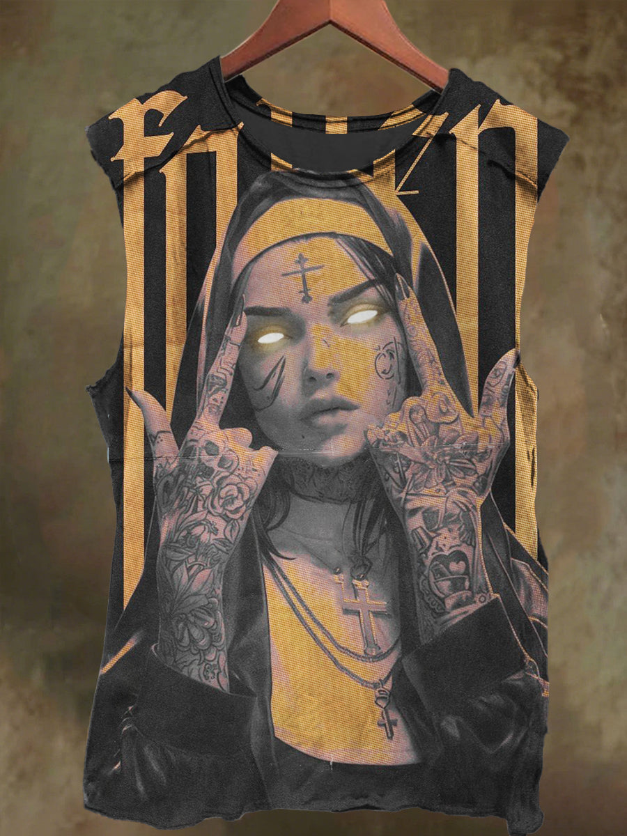 Unisex Mid Finger Gothic Nun Print Casual Cotton Tank Top