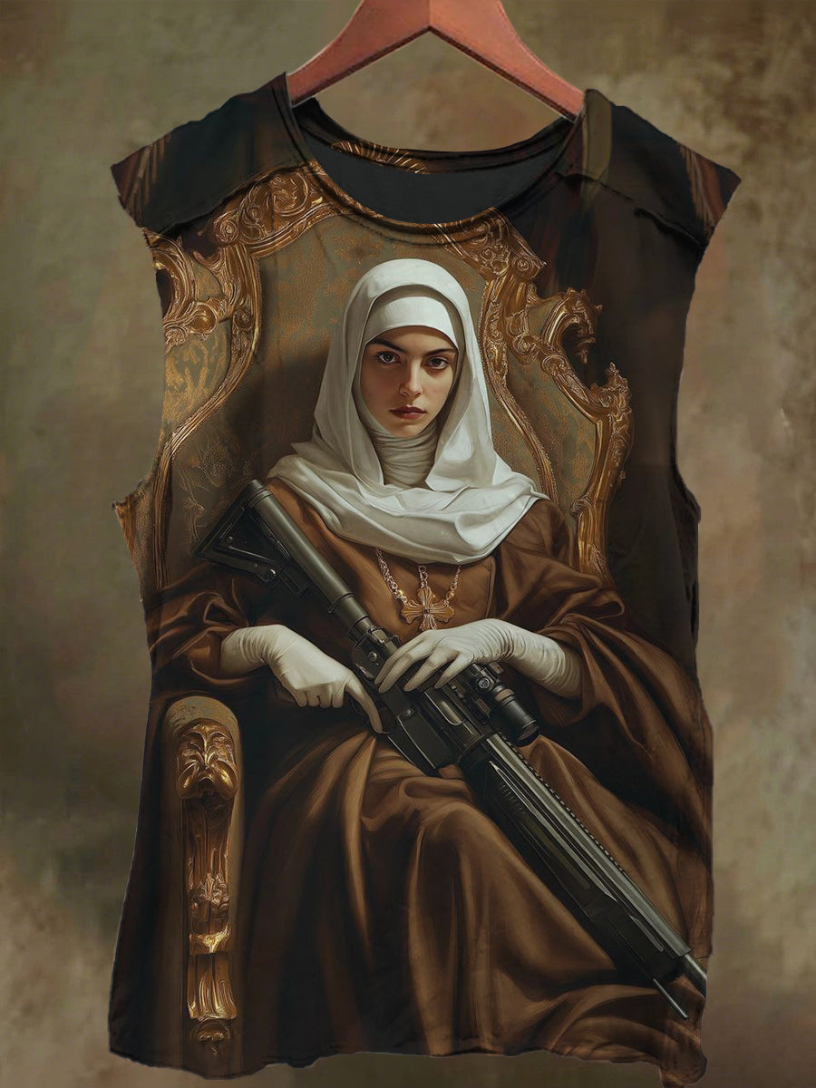 Unisex Nun's Gun Print Casual Cotton Tank Top