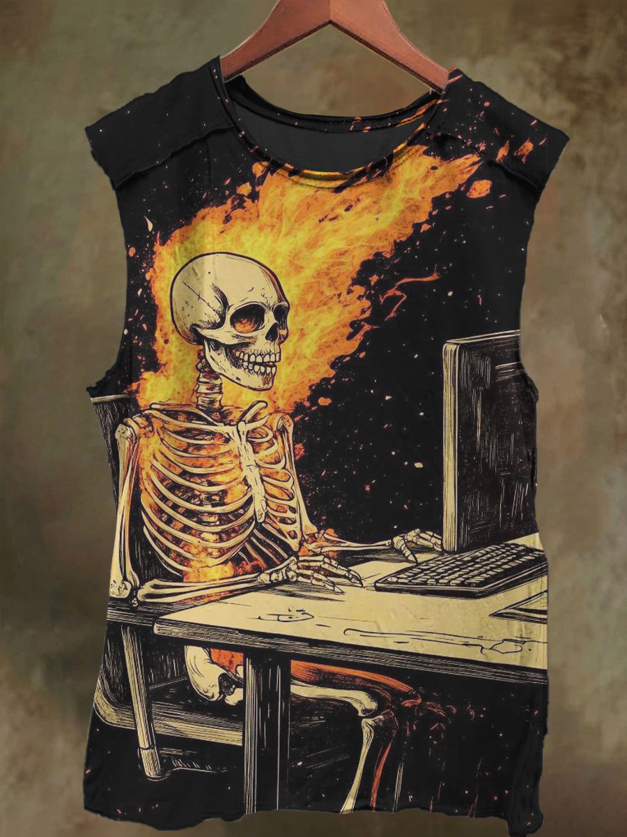 Unisex Flaming Skull Print Casual Cotton Tank Top