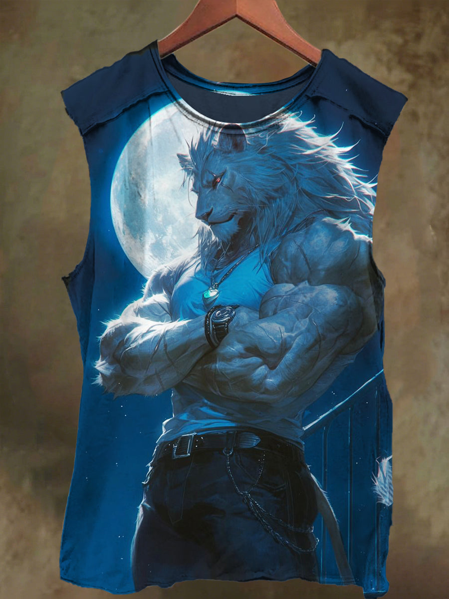 Unisex White Wolf Warrior Print Casual Cotton Tank Top