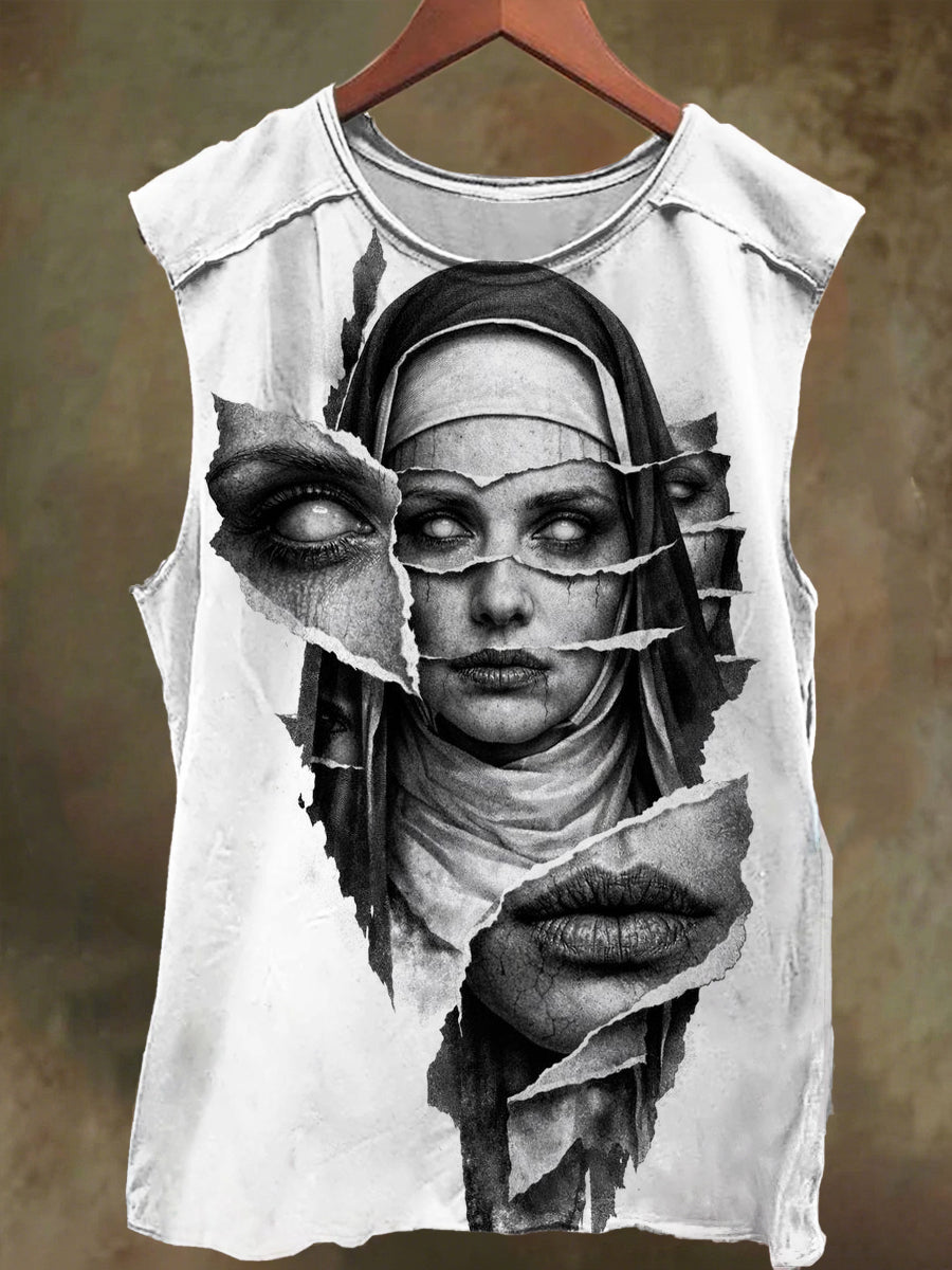 Unisex Visual Illusion Nun Print Casual Cotton Tank Top