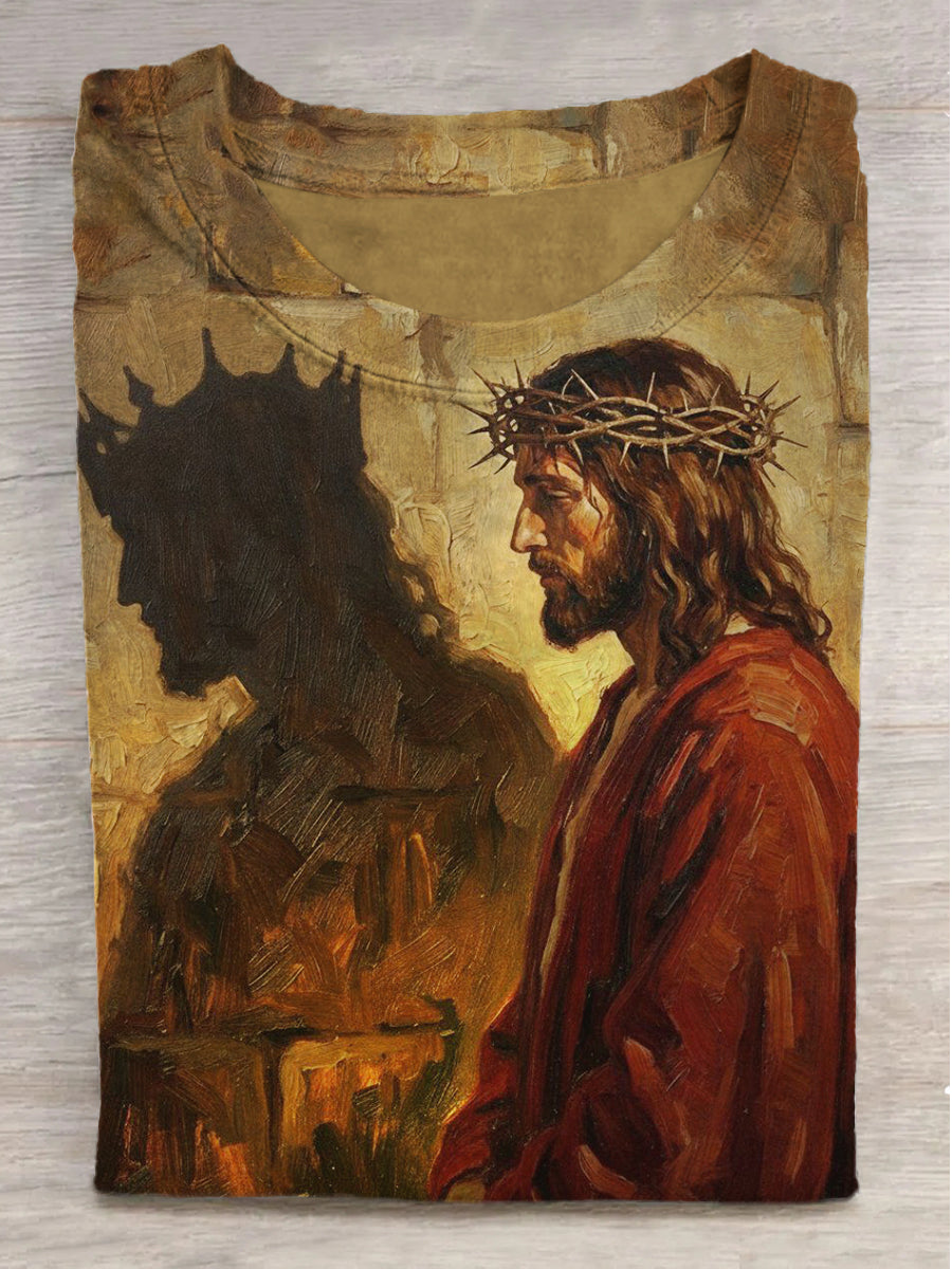 Jesus and Shadow Print Crew Neck Short Sleeve T-Shirt