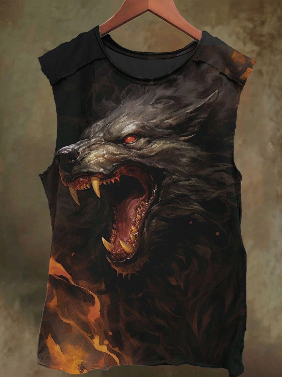Unisex Flaming Wolf Print Casual Cotton Tank Top