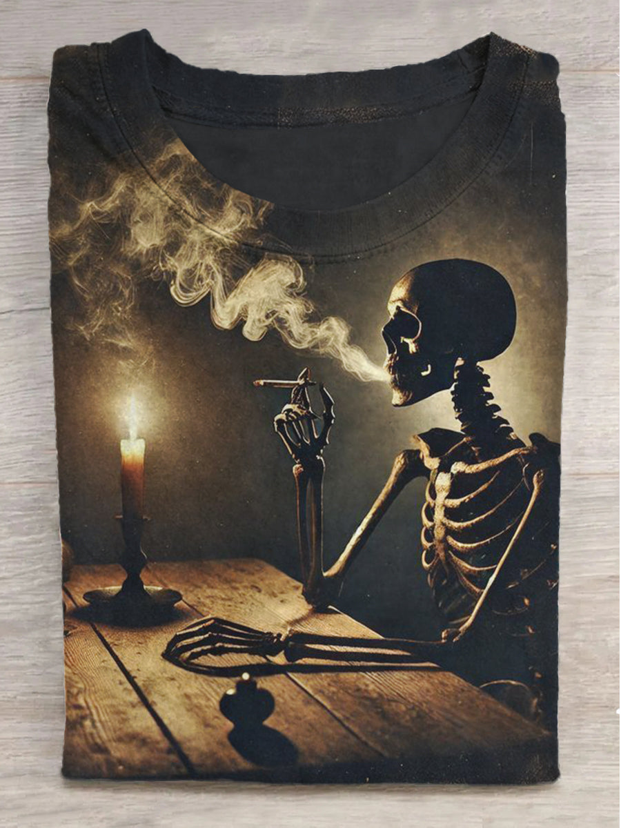 Smoking Skull Print Round Neck Short Sleeve T-Shirt