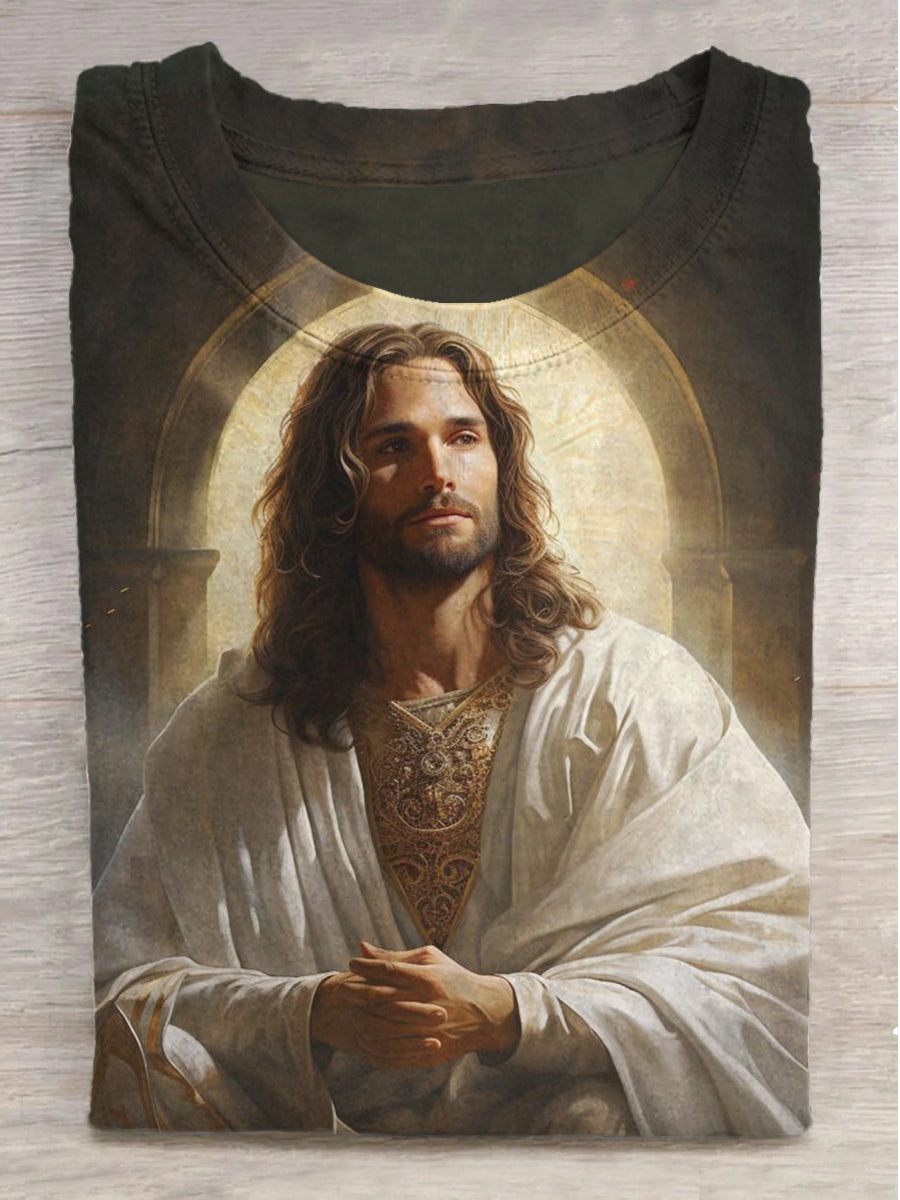 Jesus Printed Round Neck Short Sleeve T-Shirt