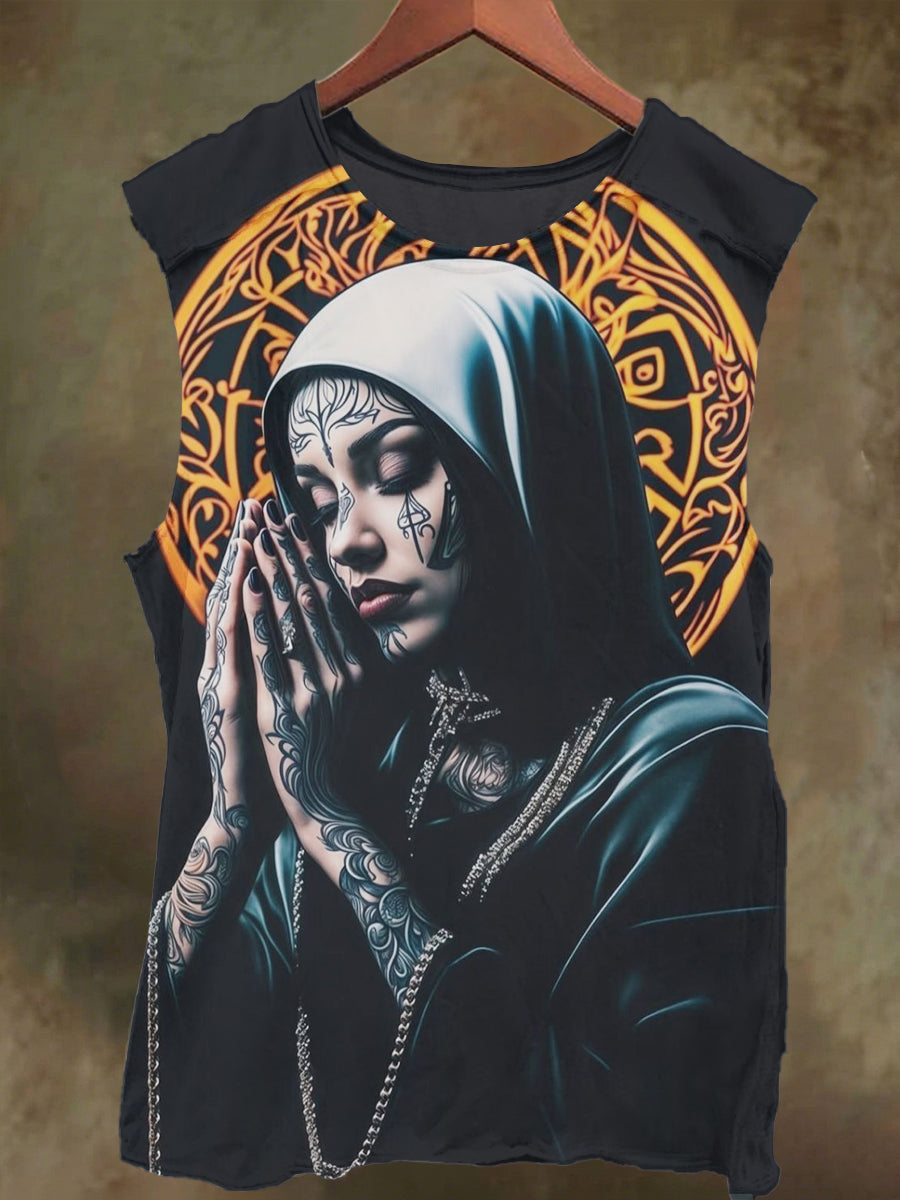 Unisex Nun's Prayer Print Casual Cotton Tank Top