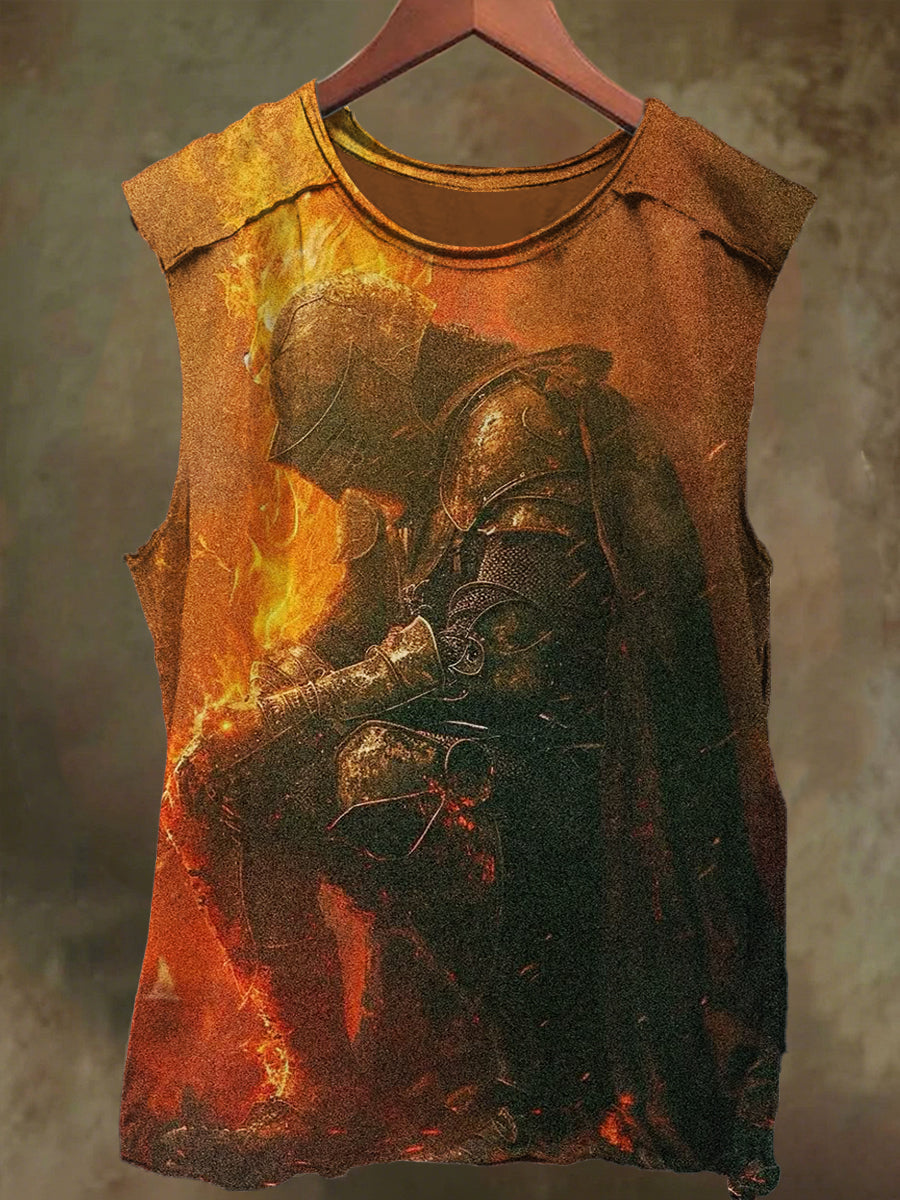 Unisex Knight in Flames Print Casual Cotton Tank Top