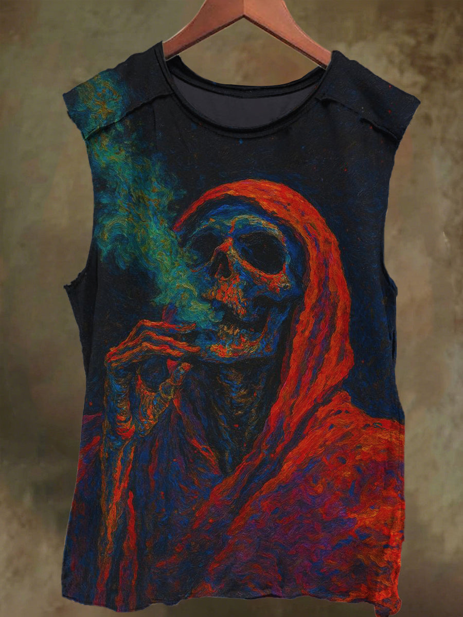 Unisex Gothic Smoking Skull Print Casual Cotton Tank Top