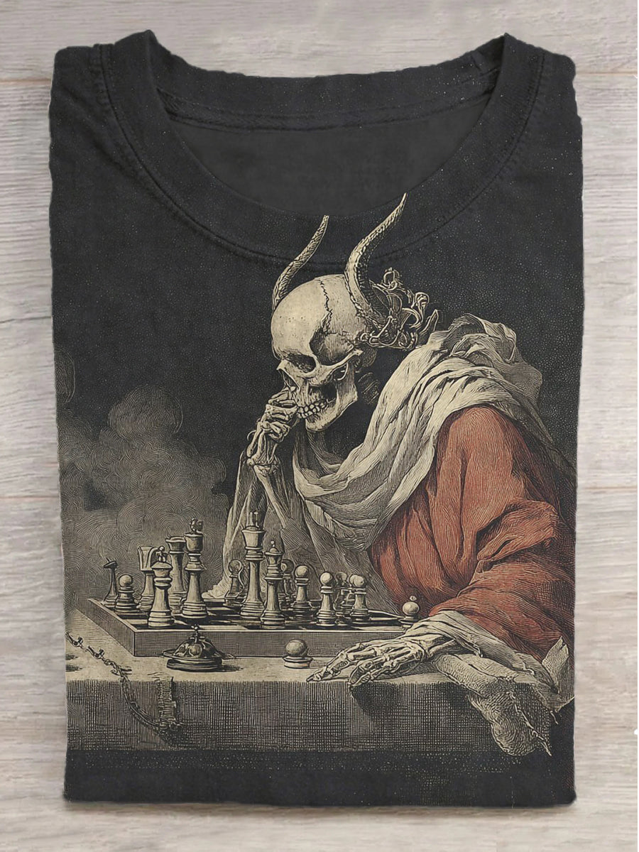 Skull's Checkerboard Print Crew Neck Short Sleeve T-Shirt