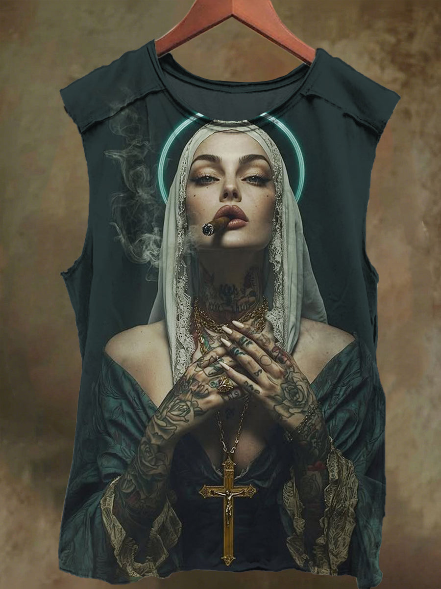 Unisex Tattoo Smoking Nun Print Casual Cotton Tank Top