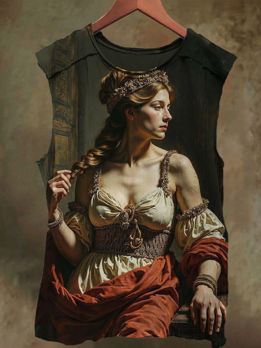 Unisex Girly Print Casual Cotton Tank Top in Oil Painting