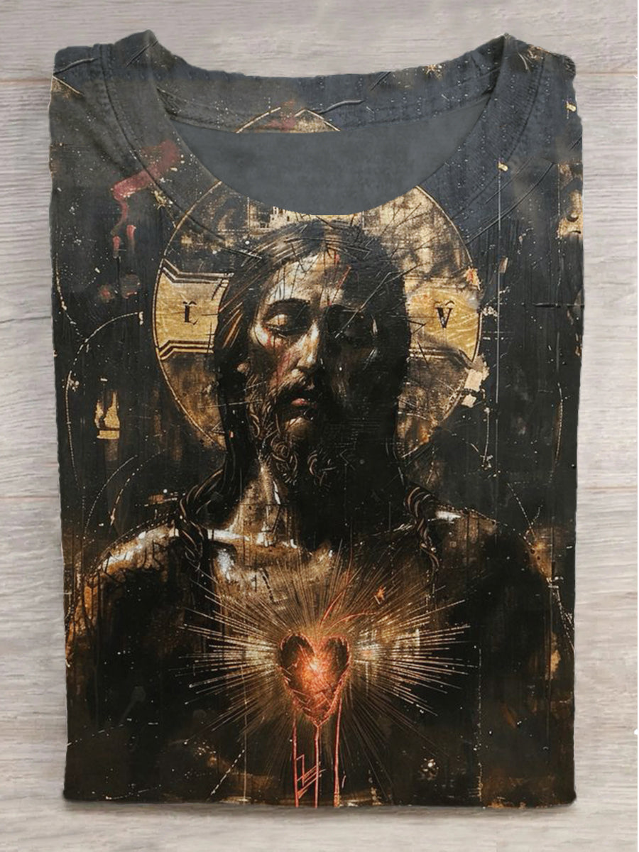 Heart of Jesus Printed Crew Neck Short Sleeve T-Shirt