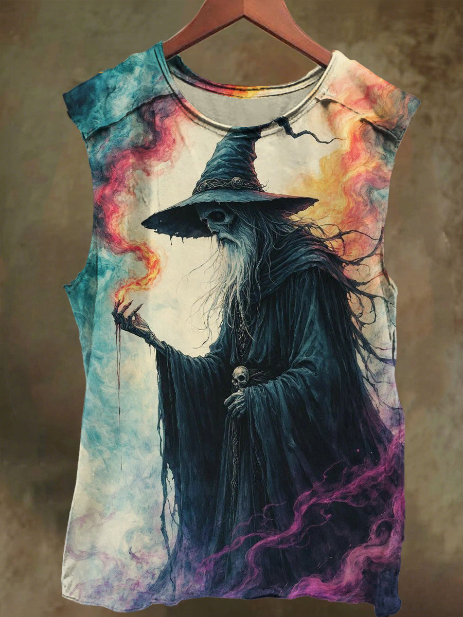 Unisex Fantasy Skull Wizard Print Casual Cotton Tank Top