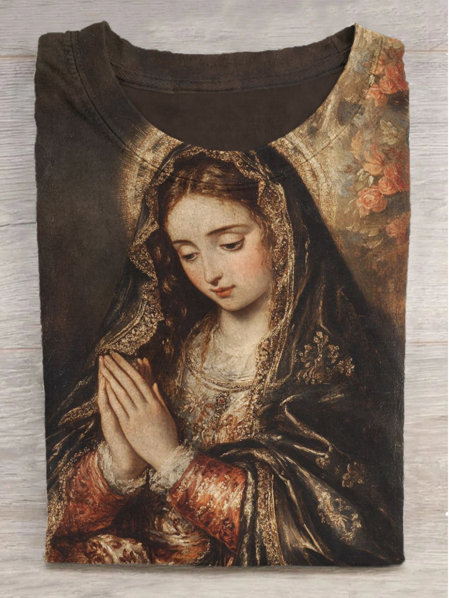 Prayer of the Virgin Printed Crew Neck Short Sleeve T-Shirt