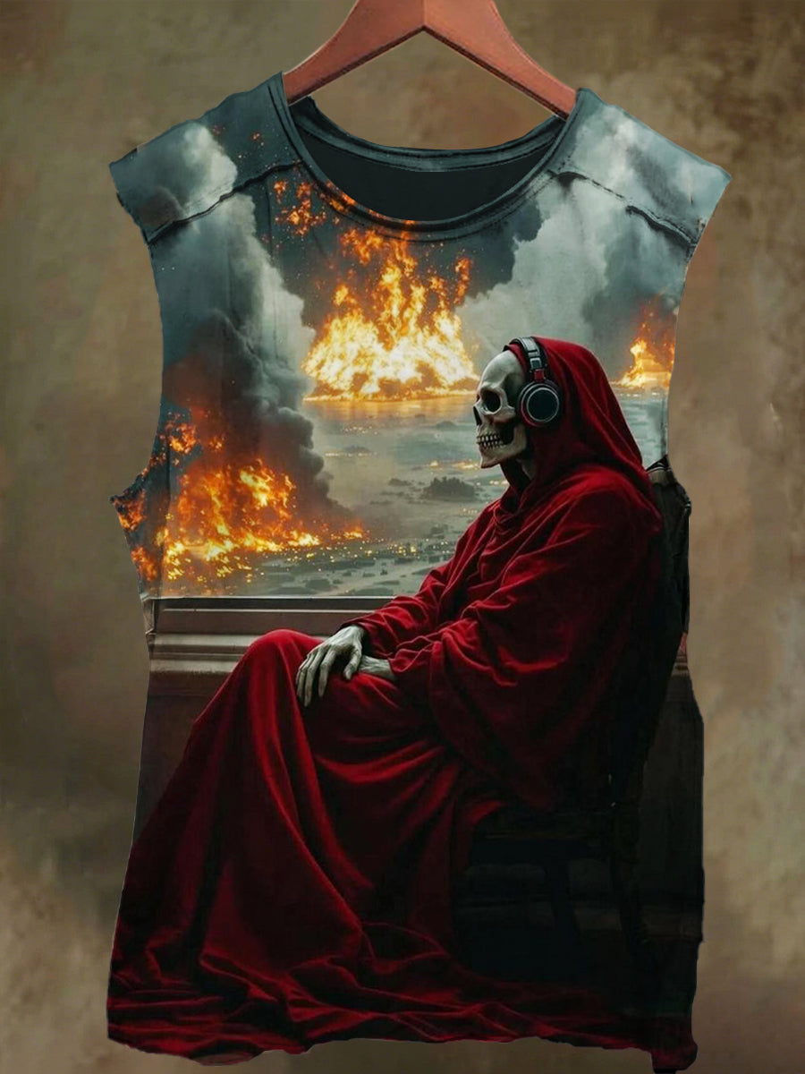 Unisex Red Skull Print Casual Cotton Tank Top