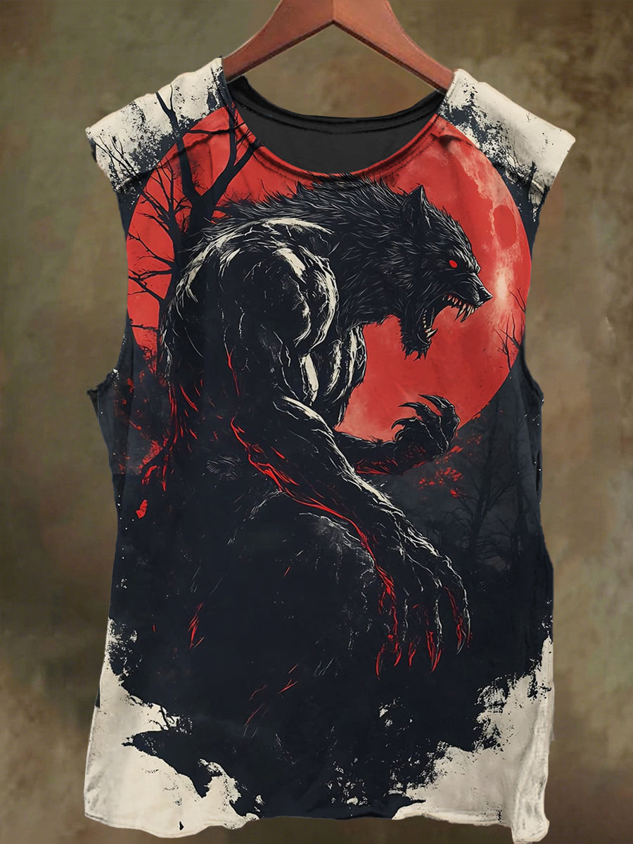 Unisex Red Moon and Wolf Print Casual Cotton Tank Top
