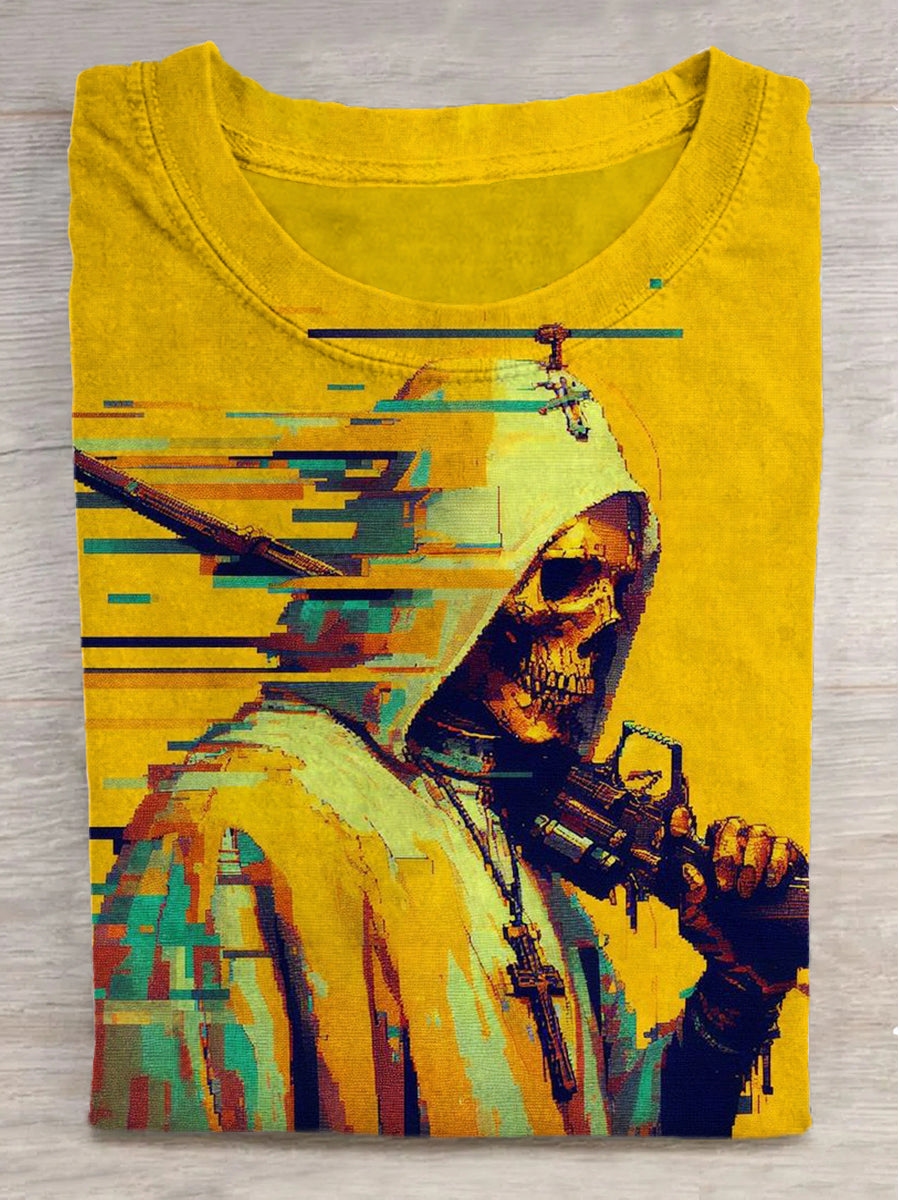 Skull and Gun Print Crew Neck Short Sleeve T-Shirt