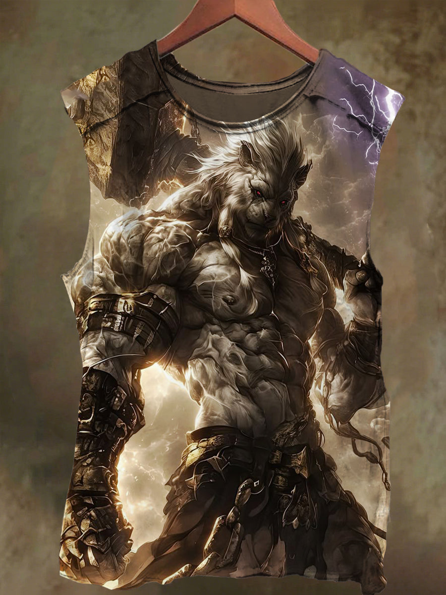 Unisex White Hair Tiger Warrior Print Casual Cotton Tank Top