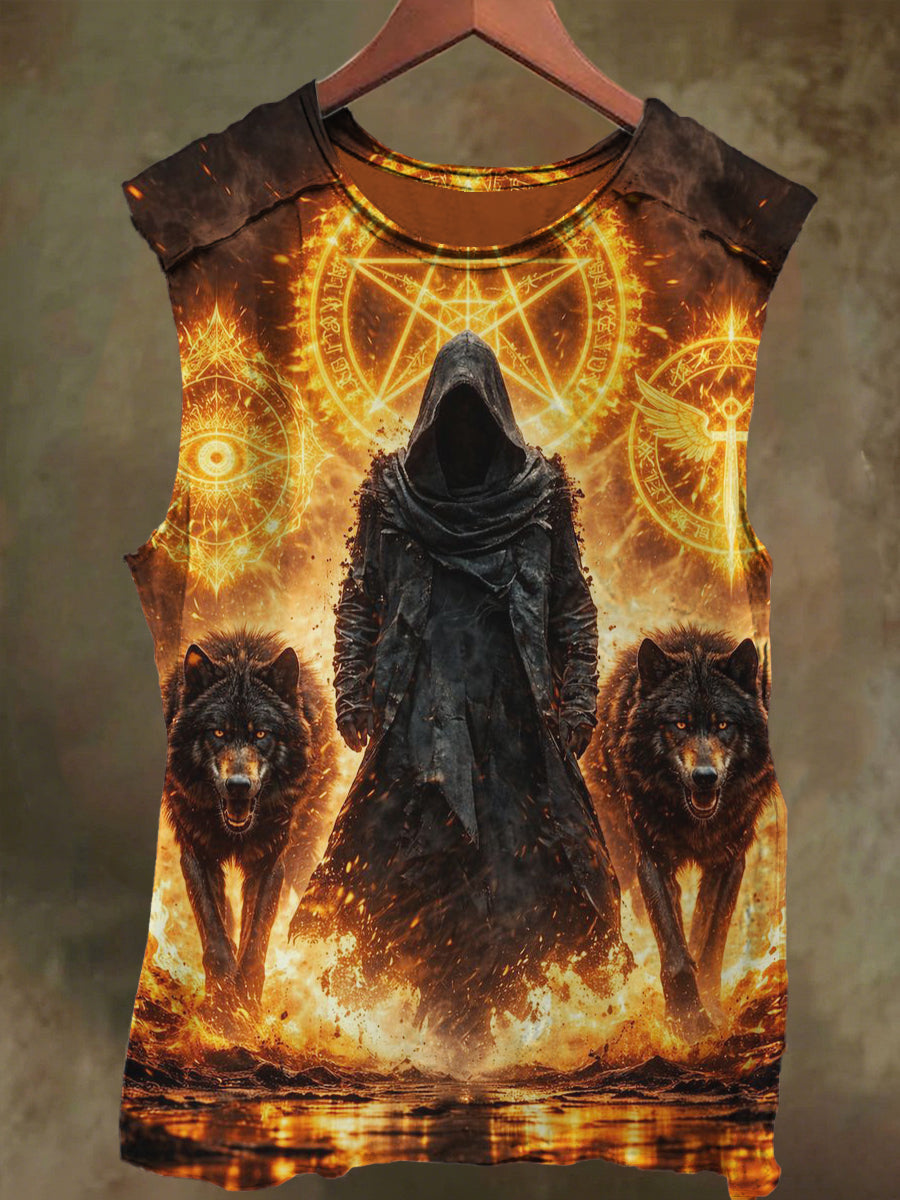 Unisex Pullover Mask and Wolf Print Casual Cotton Tank Top