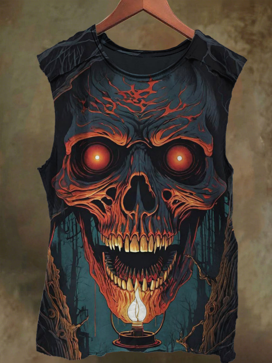 Unisex Candle Flame Skull Print Casual Cotton Tank Top