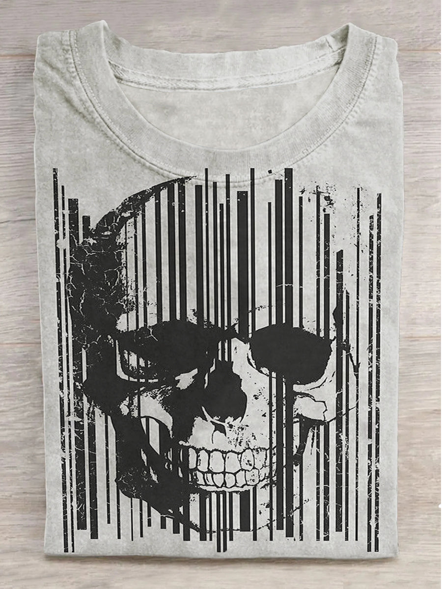 Striped Skull Print Round Neck Short Sleeve T-Shirt