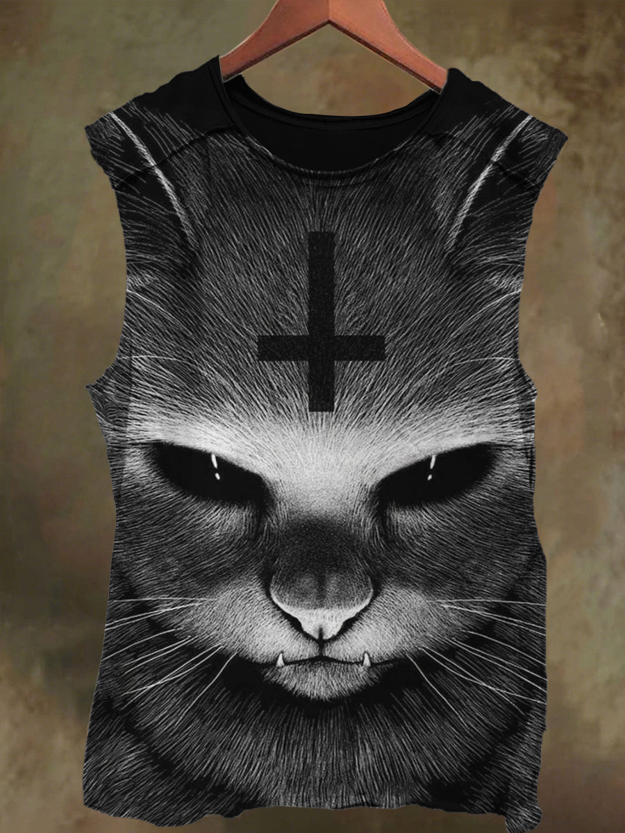 Unisex Dark Cross Devil Cat Print Casual Cotton Tank Top