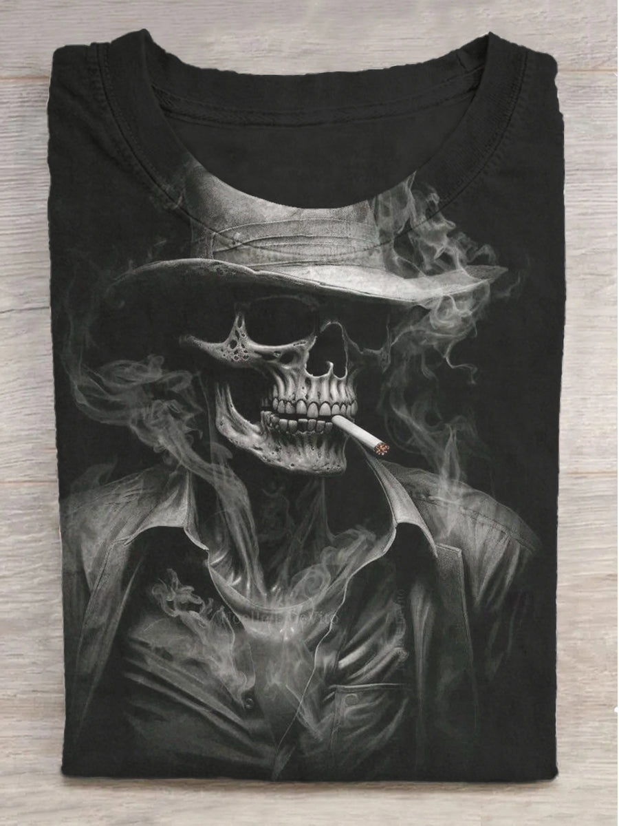 Hat Smoking Skull Print Round Neck Short Sleeve T-Shirt