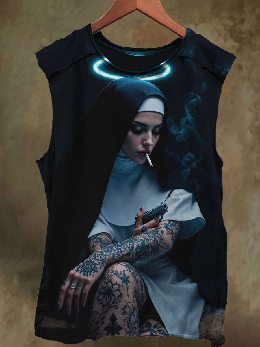 Unisex Smoking Nun's Gun Print Casual Cotton Tank Top