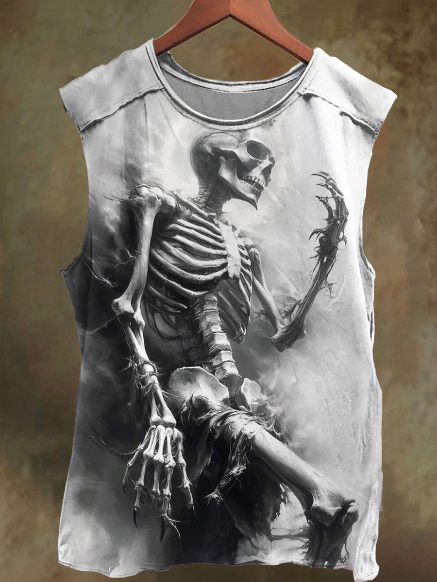 Unisex Misty Skull Print Casual Cotton Tank Top