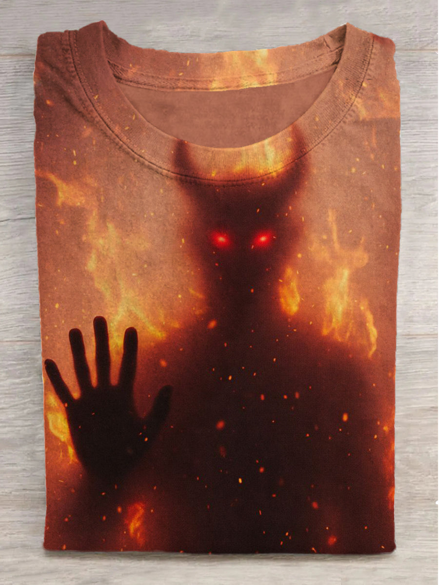 Flame Devil Shadow Print Round Neck Short Sleeve T-Shirt