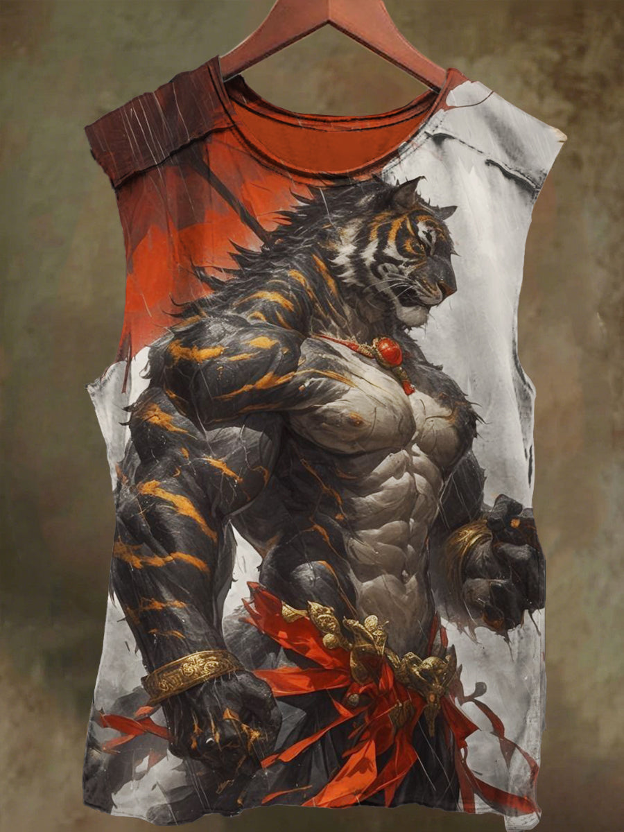 Unisex Tiger Warrior Print Casual Cotton Tank Top