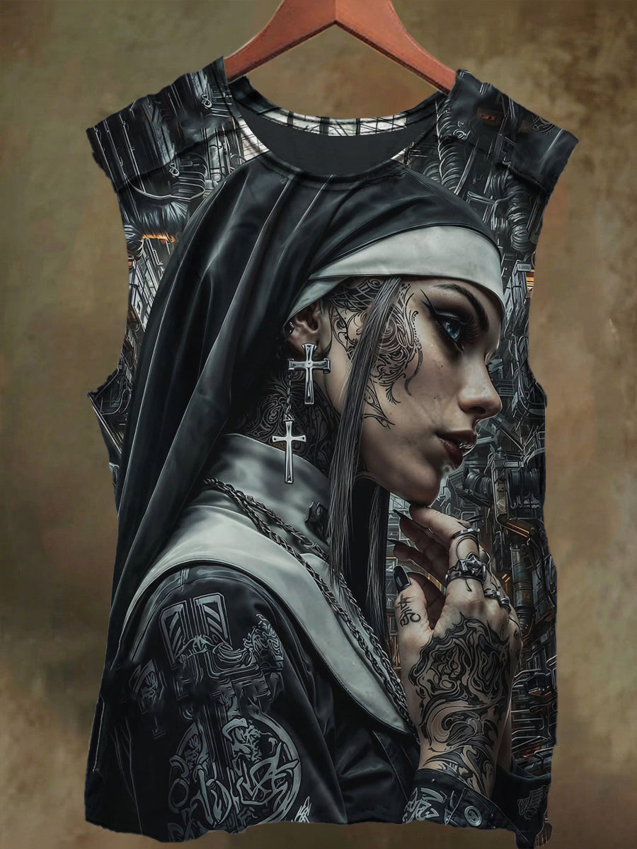 Unisex Crucifix Nun Print Casual Cotton Tank Top