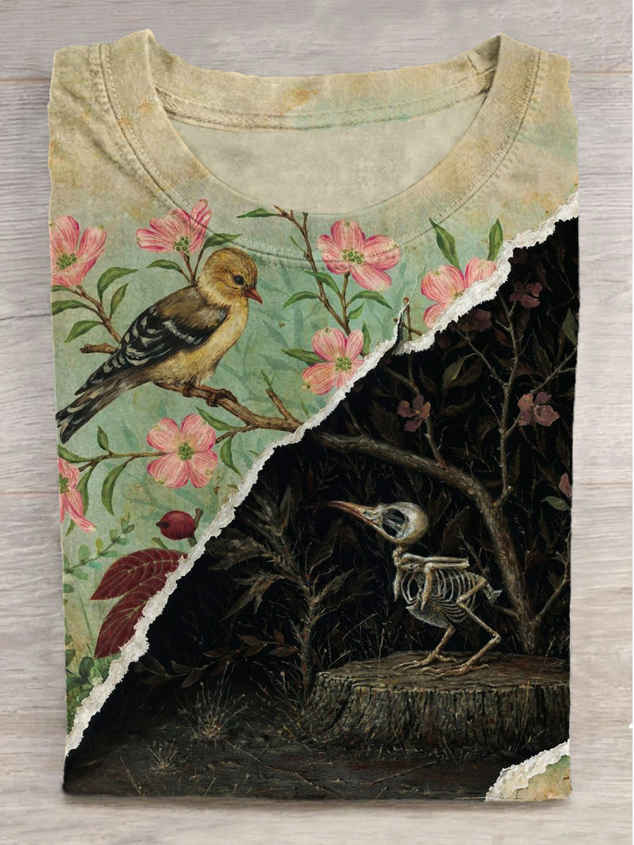 Sparrow Bone Print Round Neck Short Sleeve T-Shirt