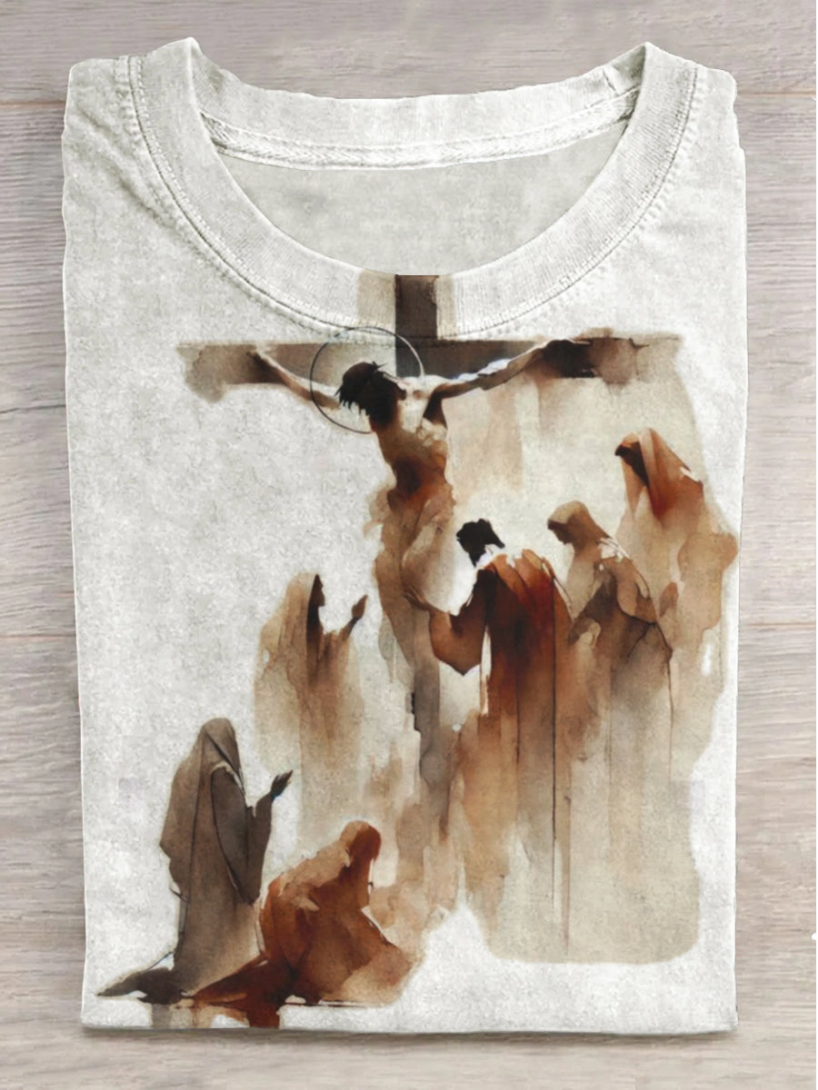 Watercolor Cross Jesus Print Round Neck Short Sleeve T-Shirt